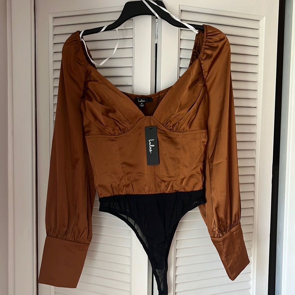 Lulu's Copper Satin Long Sleeve Bodysuit